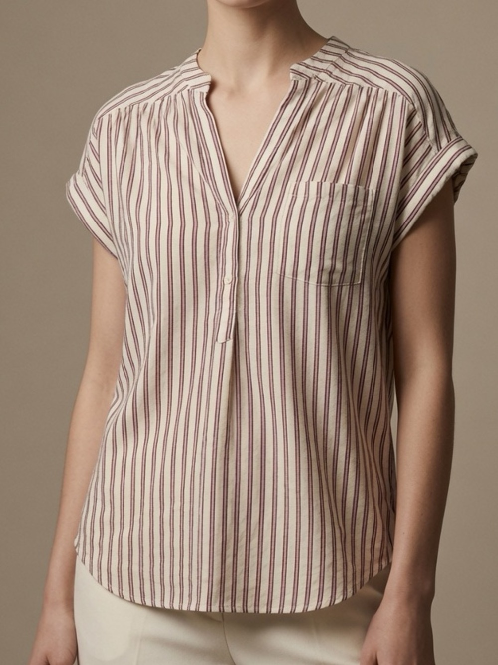 PLEIONE MEDIUM Striped Short-Sleeve V-Neck Blouse - Cream with Burgundy Stripes